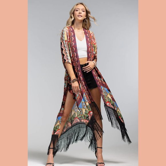 Boho Floral Damask Dainty Fringe Kimono Cape Duster - Picture 7 of 9